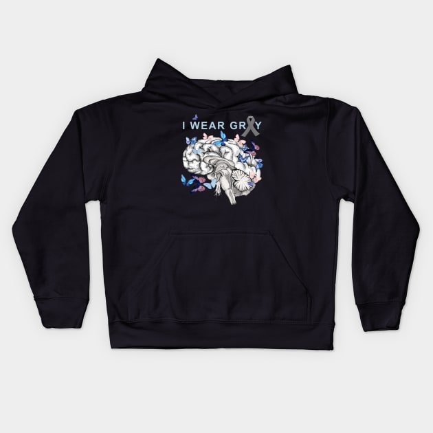 I Wear Grey, Brain Cancer Awareness Brain Tumor, with blue butterflies Kids Hoodie by Collagedream